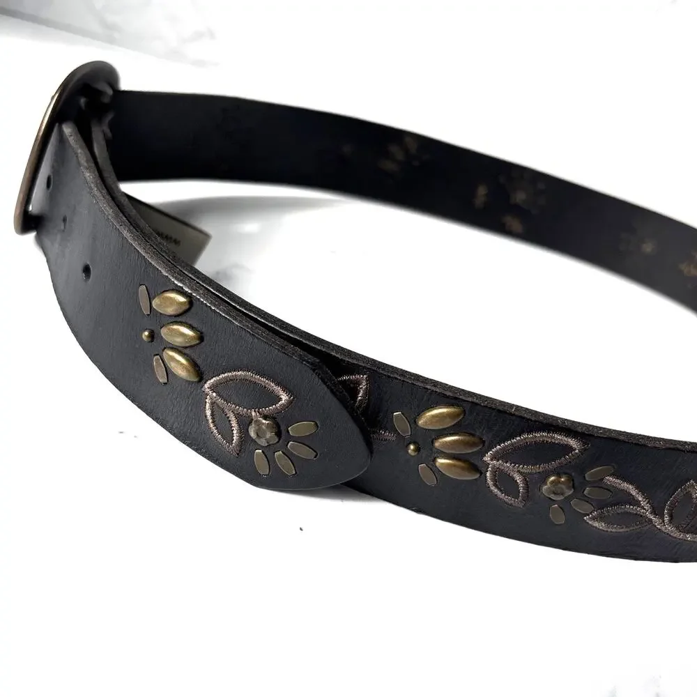 FOSSIL Black Leather Belt Artsy Metal Floral Stud Detail Boho Western Women’s M